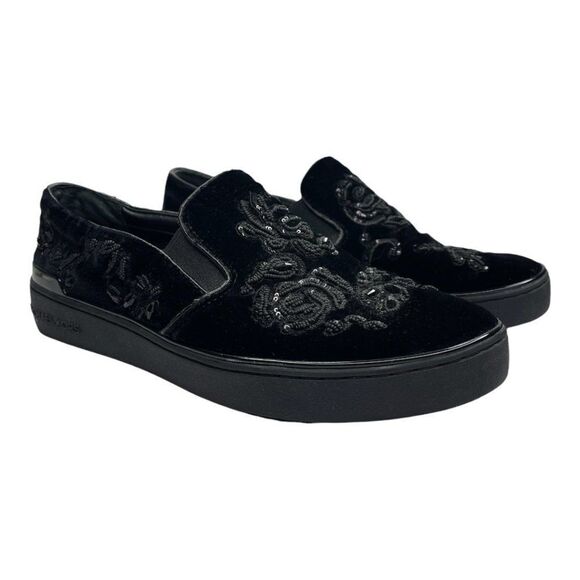MICHAEL KORS Black Beaded Kyle Velvet Slip On Sneakers  - Picture 3 of 9